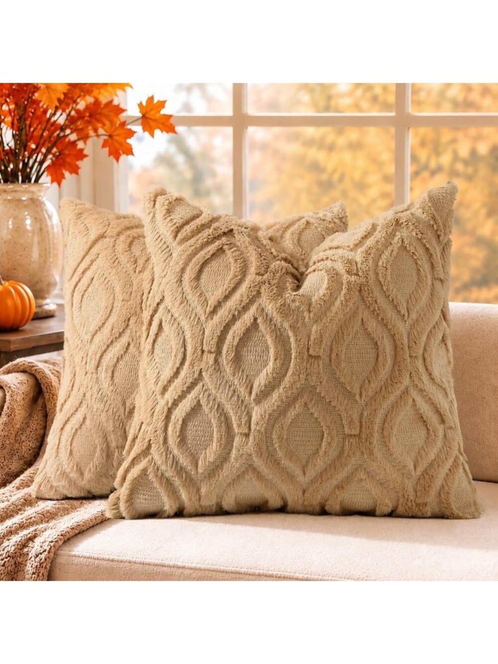 Cozy Light Brown Faux Fur Throw Pillow Covers 24x24 - Set of 2 for Home Decor